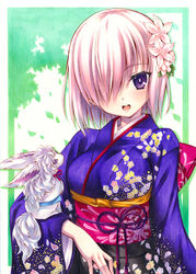  commentary_request fate/grand_order fate_(series) female flower fou_(fate) hair_flower hair_ornament hair_over_one_eye japanese_clothes kimono looking_at_viewer marker_(medium) mash_kyrielight mash_kyrielight_(grand_new_year) official_alternate_costume open_mouth purple_eyes purple_hair short_hair solo traditional_media yuto_takumi 