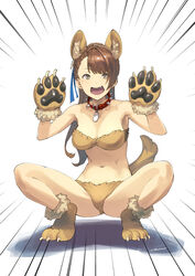  animal_collar animal_ears animal_hands bare_shoulders beatrix_(granblue_fantasy) bikini breasts brown_eyes brown_hair claws collar commentary_request dog_ears dog_paws dog_tail female gloves granblue_fantasy hair_ornament long_hair looking_at_viewer medium_breasts navel oerba_yun_fang open_mouth paw_gloves paw_shoes ponytail shimotsuki_eight shoes signature solo spiked_collar spikes spread_legs squatting swimsuit tail 