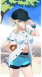  aqua_shorts arm_behind_back bad_id bad_twitter_id ball baseball baseball_(object) baseball_cap baseball_mitt baseball_uniform belt belt_buckle black_hat blonde_hair blue_shorts breasts buckle buttons closed_mouth commentary_request day female fingernails green_eyes hair_between_eyes hand_on_headwear hand_up hat holding holding_ball legs_apart looking_at_viewer medium_breasts midriff navel original outdoors ponytail ribbed_shirt shirt short_shorts short_sleeves shorts solo sportswear standing stomach sweatdrop tree unbuttoned unbuttoned_shirt washi_no_tosaka wristband 