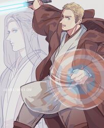  1boy animification blonde_hair cloak commentary_request company_connection disney energy_sword hood jedi jo_(artist) lightsaber male_focus marvel parody shield solo star_wars steve_rogers sword weapon 