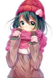  bad_id bad_twitter_id black_gloves blush brown_coat coat female fingerless_gloves gloves green_eyes green_hair hat heart looking_at_viewer ntk_(7t5) pink_scarf red_hat scarf solo tokyo_7th_sisters upper_body winter_clothes winter_coat zipper_pull_tab 