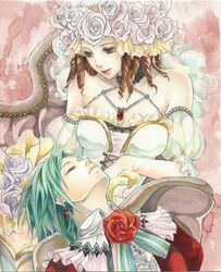  2girls asellus_(saga_frontier) bad_id bad_pixiv_id brown_hair closed_eyes curly_hair dress earrings eyelashes flower green_hair hair_flower hair_ornament headdress jewelry lipstick makeup multiple_girls necklace painting_(medium) princess_white_rose red_lips rose saga saga_frontier slinkyui strapless strapless_dress traditional_media watercolor_(medium) 