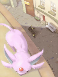  3:4 ambiguous_gender bench black_body black_fur building closed_eyes detailed_background duo eeveelution espeon feral fur generation_2_pokemon happamushi mammal nintendo on_roof outside pink_body pink_fur pokemon pokemon_(species) red_sclera rooftop solo_focus umbreon yellow_body yellow_fur 