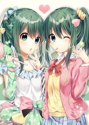  2girls bow bowtie breasts candy character_request cleavage collarbone eyebrows_visible_through_hair food green_eyes green_hair hair_ornament hairbow heart_hair_ornament highres large_breasts lollipop long_sleeves looking_at_viewer multiple_girls ntk_(7t5) one_eye_closed open_mouth red_bow red_bowtie tokyo_7th_sisters yellow_bow 