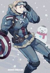  1boy animification belt captain_america commentary_request feet_up fur_trim goggles goggles_on_head grey_background jo_(artist) male_focus marvel scarf shield smile snowing snowman steve_rogers tony_stark winter_clothes 