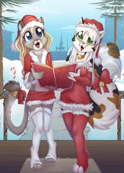  2018 accessory anthro bell bell_collar blonde_hair blue_eyes book bottomwear bow_(feature) bow_accessory bow_ribbon breasts calico_cat christmas christmas_clothing christmas_headwear claws clothed clothing collar cougar domestic_cat dress duo felid feline felis female fluffy fluffy_tail fuf fur furgonomics green_eyes hair hat headgear headwear hi_res holding_object holidays legwear long_hair looking_at_viewer mammal midriff mottled multicolored_body multicolored_fur piebald ribbons santa_hat selene_blackcat sierra_(pumapaws) singing skirt tail tail_accessory tail_bell tail_bow tail_ribbon thigh_highs toe_claws two_tone_body two_tone_fur white_hair young 