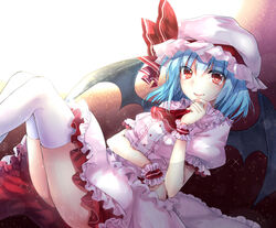  bad_id bad_pixiv_id bat_wings blue_hair blush female hat looking_at_viewer red_eyes remilia_scarlet short_hair smile solo thighhighs touhou umeko_(koori_ume) white_thighhighs wings wrist_cuffs 