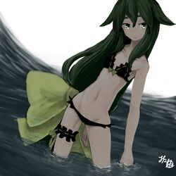  absurdly_long_hair bikini black_bikini blush bow breasts female frilled_bikini frills gatchaman gatchaman_crowds gradient gradient_background green_eyes green_hair leg_garter long_hair low-tied_long_hair moon ribbon smile solo swimsuit utsutsu very_long_hair water 