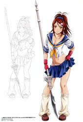  absurdres bachou_mouki bad_anatomy blue_skirt breasts brown_hair cleavage collarbone contrapposto female fingerless_gloves gloves hair_ornament hair_scrunchie high_ponytail highres holding holding_weapon ikkitousen long_hair loose_socks medium_breasts navel panties photoshop_(medium) pleated_skirt polearm red_gloves rin-sin school_uniform scrunchie serafuku shirt simple_background skirt smile socks solo standing underwear weapon white_background white_panties white_shirt 