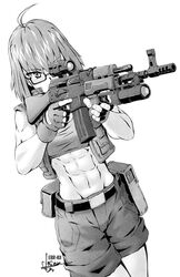  40mm_grenade abs ahoge aiming ak-74m ammunition artist_name assault_rifle belt belt_buckle belt_pouch breasts buckle commentary cowboy_shot dutch_angle ebr-kii female fingerless_gloves flak_jacket glasses gloves gp-25 grenade_launcher greyscale gun handgun highres holding holding_gun holding_weapon holstered jacket kalashnikov_rifle looking_ahead medium_breasts midriff monochrome muscular muscular_female muzzle_device open_clothes open_vest optical_sight original pocket pouch rectangular_eyewear rifle semi-rimless_eyewear shorts signature simple_background solo sports_bra trigger_discipline tsurime under-rim_eyewear underbarrel_grenade_launcher vest weapon white_background 