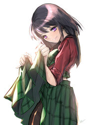  bishoujo_senshi_sailor_moon bishoujo_senshi_sailor_moon_s black_hair bow clothes_lift commentary female green_bow green_skirt highres mugen_gakuen_school_uniform nal_(nal&#039;s_pudding) pantyhose photoshop_(medium) plaid plaid_skirt purple_eyes school_uniform serafuku short_hair skirt skirt_lift smile solo tomoe_hotaru white_background 