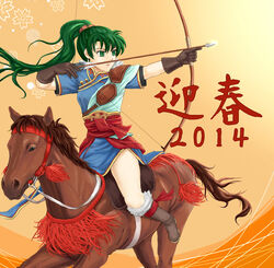  2014 bad_id bad_pixiv_id female fire_emblem fire_emblem:_the_blazing_blade gloves green_eyes green_hair horse horseback_archery horseback_riding long_hair lyn_(fire_emblem) pazuzu438 photoshop_(medium) ponytail riding solo weapon 