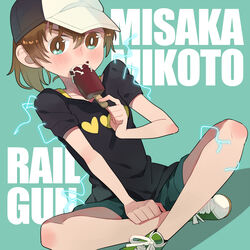  baseball_cap black_shirt brown_eyes brown_hair casual character_name commentary_request copyright_name electricity electrokinesis female food hat heart heart_print indian_style luo. misaka_mikoto popsicle psychic shirt short_hair short_sleeves sitting solo toaru_kagaku_no_railgun toaru_kagaku_no_railgun_s toaru_majutsu_no_index 