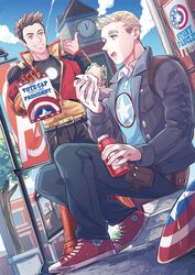  2boys :o animification avengers_(series) avengers_academy blonde_hair brown_hair casual commentary_request eyebrows food jacket jo_(artist) male_focus marvel multiple_boys sandwich shield shoes short_hair steve_rogers tony_stark 