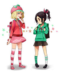  backpack bad_id bad_pixiv_id bag banned_artist black_hair blonde_hair blush_stickers candy flats food full_body hair_ornament hairclip hat hood hoodie jacket lollipop mismatched_legwear multiple_girls pigeon-toed ponytail randoseru skirt smile socks striped striped_legwear taffyta_muttonfudge thighhighs track_jacket tribute vanellope_von_schweetz wreck-it_ralph 