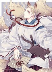  1boy animal animal_ears animalization animification blonde_hair commentary_request feline folding_fan fox_boy fox_ears fox_tail hand_fan heian jo_(artist) kitsune male_focus marvel multiple_tails nekomata steve_rogers tail tony_stark two_tails 