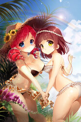  2girls :o ass bare_shoulders bikini black_bikini blonde_hair blue_eyes breasts brown_hair cleavage cloud day drill_hair flower hat holding_hands large_breasts lens_flare looking_at_viewer lucca_(sword_girls) multiple_girls navel outdoors rainbow red_hair sarong shiny_skin siloteddy sky small_breasts strap_gap strap_lift straw_hat sun swimsuit sword_girls twin_drills vernika_answer white_bikini 