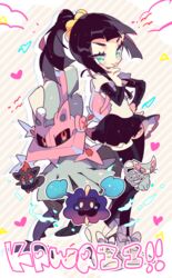  aqua_eyes backpack bag black_hair black_legwear black_skirt blunt_bangs closed_mouth commentary_request cosmog eyebrows eyelashes eyes_visible_through_hair female glameow hand_on_own_hip hand_up high_ponytail index_finger_raised lollie long_hair long_sleeves miniskirt original pleated_skirt pokemon pokemon_(creature) shirt shoes silhouette skirt smile standing striped striped_background takashino_(noni-nani) thighhighs tongue tongue_out triangle type:_null v-shaped_eyebrows white_footwear white_shirt zettai_ryouiki zorua 