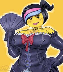  absurd_res alternative_fashion armwear big_breasts black_hair bone breasts cleavage clothed clothing cloudman corset elbow_gloves female freckles gloves goth gothic_lolita hair hand_fan handwear hi_res humanoid j-fashion lego lego_minifigure lingerie lips lolita_(fashion) not_furry pink_lips ponytail simple_background skull slightly_chubby solo the_lego_movie topwear wyldstyle 