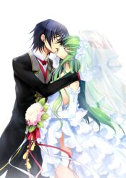  1boy artist_request black_hair bouquet c.c. check_artist closed_eyes code_geass detached_sleeves dress earrings female flower green_hair highres jewelry kissing lelouch_vi_britannia long_hair mg_renders sleeveless sleeveless_dress straight transparent_background wedding_dress white_dress 