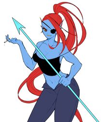  bad_id bad_tumblr_id blue_skin breasts cigarette cleavage collarbone colored_sclera colored_skin cowboy_shot crop_top denim energy_spear energy_weapon eyepatch eyeshadow female fins head_fins highres long_hair makeup medium_breasts monster_girl navel off_shoulder polearm ponytail red_eyes red_hair sharp_teeth simple_background smile solo spaghetti_strap spear tank_top teeth unbuttoned undertale undyne very_long_hair weapon white_background yamtteng yellow_sclera 