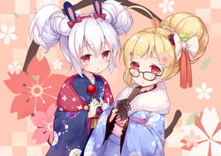  2girls absurdres ahoge animal_ears azur_lane blonde_hair breasts candy_apple cannian_dada chinese_commentary commentary double_bun eldridge_(azur_lane) eldridge_(new_year&#039;s_outing)_(azur_lane) facial_mark fake_animal_ears folded_fan folding_fan food glasses hair_between_eyes hair_bun hair_ornament hairband hairclip hand_fan highres japanese_clothes laffey_(azur_lane) laffey_(snow_rabbit_and_candy_apple)_(azur_lane) multiple_girls new_year official_alternate_costume official_alternate_hairstyle parted_lips rabbit_ears red_eyes single_hair_bun small_breasts white_hair 