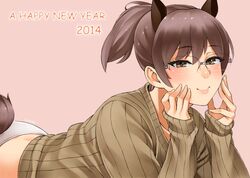  2014 animal_ears brown_eyes brown_hair chinese_zodiac commentary_request female glasses half-closed_eyes hands_on_own_cheeks hands_on_own_face happy_new_year horse_ears horse_girl horse_tail looking_at_viewer lying new_year on_stomach original panties pink_background ponytail ribbed_sweater simple_background smile solo sweater tail underwear year_of_the_horse zonda_(solid_air) 