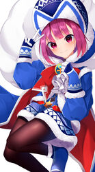  absurdres blue_dress blue_footwear blue_gloves blue_hat blush boots brown_pantyhose closed_mouth commentary_request dress fate/grand_order fate/grand_order_arcade fate_(series) female fur-trimmed_boots fur-trimmed_gloves fur-trimmed_sleeves fur_trim gloves hat helena_blavatsky_(christmas)_(fate) helena_blavatsky_(fate) highres holding holding_sack long_sleeves looking_at_viewer pantyhose pink_hair puffy_long_sleeves puffy_sleeves red_eyes sack simple_background smile solo suisen-21 white_background 