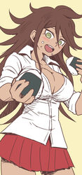  :d blush breasts brown_eyes brown_hair cleavage collarbone collared_shirt commentary_request cowboy_shot danganronpa_(series) danganronpa_2:_goodbye_despair dark-skinned_female dark_skin dress_shirt female food food_on_face from_below green_eyes hair_between_eyes holding holding_food large_breasts long_hair miniskirt namu_(nurui_cha) onigiri open_mouth orange_background owari_akane partially_unbuttoned pleated_skirt red_skirt shirt simple_background skirt smile solo teeth upper_teeth_only 