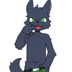  1:1 2022 anthro black_nose bottomwear bottomwear_down canid canine canis clothed clothing cross-eyed dark_body dark_fur digital_media_(artwork) fangs finger_in_mouth front_view fur green_bottomwear green_clothing green_pants grey_eyes kemono low-riding male mammal monotone_body monotone_fur navel nifram_logan pants pants_down partially_clothed pink_tongue pizademokttero portrait pupils simple_background solo teeth three-quarter_portrait tongue topless v-cut white_background white_pupils wolf 