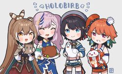  4girls :&gt; ahoge artist_name bag bare_shoulders baseball_cap belt belt_buckle beret bird black_hair blue_eyes blush bow bowtie brown_eyes brown_hair bucket buckle capelet chef_hat chicken closed_eyes commentary detached_sleeves duck earrings english_commentary feathers food friend_(nanashi_mumei) hair_ornament hat hayate_fish highres holding hololive hololive_english hololive_indonesia holotori jewelry long_hair mascot midriff multicolored_eyes multicolored_hair multiple_girls nanashi_mumei nanashi_mumei_(1st_costume) oozora_subaru oozora_subaru_(work) orange_hair paper_bag pavolia_reine pavolia_reine_(1st_costume) pencil_skirt pink_hair plate ponytail short_hair shorts side_ponytail skirt smile star_(symbol) subaru_duck suspenders takanashi_kiara takanashi_kiara_(1st_costume) thighhighs trait_connection turkey_(food) virtual_youtuber 