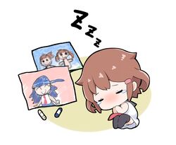  aged_down akatsuki_(kancolle) brown_hair chibi child&#039;s_drawing commentary_request crayon dress female gale_kawaii hair_ornament hairclip ikazuchi_(kancolle) inazuma_(kancolle) kantai_collection lying on_side sailor_dress sleeping solo tears thighhighs zzz 