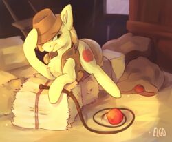  2019 apple barn braeburn_(mlp) chest_tuft clothing cowboy_hat cutie_mark digital_media_(artwork) digital_painting_(artwork) earth_pony ecolinegd equid equine feral food friendship_is_magic fruit fur green_eyes hasbro hat hay hay_bale headgear headwear hi_res horse inside light light_beam looking_at_viewer male mammal my_little_pony plant pony quadruped sack solo sunbeam sunlight tuft whip yellow_body yellow_fur 