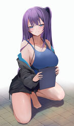  absurdres bad_id bad_pixiv_id barefoot black_jacket blue_eyes blue_one-piece_swimsuit breast_rest breasts cleavage clipboard commentary_request competition_swimsuit female full_body grin highres holding holding_clipboard jacket large_breasts long_hair long_sleeves looking_at_viewer off_shoulder one-piece_swimsuit open_clothes open_jacket original purple_hair side_ponytail simple_background smile solo swimsuit tomura2maru 