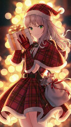  belt belt_buckle black_belt box buckle capelet christmas closed_mouth commentary dress female fur-trimmed_capelet fur-trimmed_gloves fur-trimmed_headwear fur_trim gift gift_box gloves green_eyes grey_hair hands_up hat highres holding holding_gift hyuuga_azuri long_hair looking_at_viewer original plaid plaid_capelet plaid_dress plaid_gloves plaid_headwear pleated_dress red_capelet red_dress red_gloves red_hat sack santa_costume santa_hat smile solo standing symbol-only_commentary 