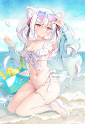  :o animal_ear_fluff animal_ears bag beach bikini blue_sky breasts cat_ears cat_girl choker cleavage cloud commentary_request day eyewear_on_head female heart heart-shaped_eyewear hoshino_koucha long_hair looking_at_viewer medium_breasts navel ocean original outdoors red_eyes sandals sky solo sunglasses swimsuit toes twintails white_bikini white_footwear 