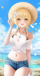  :d absurdres arm_at_side armpit_crease artist_name bead_bracelet beads bikini bikini_top_only bikini_under_clothes black_bikini blonde_hair blue_sky blurry blurry_background blush bottle bracelet breasts cleavage cloud cloudy_sky cowboy_shot crop_top day denim denim_shorts falling_petals female flower fukuro_daizi genshin_impact hair_between_eyes hair_flower hair_ornament halterneck hat highres holding holding_bottle holding_hair jewelry looking_at_viewer lumine_(genshin_impact) medium_breasts midriff navel necklace ocean off-shoulder_shirt off_shoulder open_mouth outdoors petals see-through see-through_sleeves shirt short_hair_with_long_locks short_shorts short_sleeves shorts signature sky smile solo standing summer sun_hat swimsuit thigh_gap thighs tied_shirt twitter_username wet white_flower white_shirt yellow_eyes 