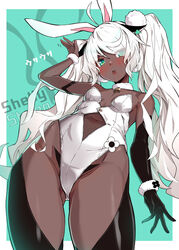  animal_ears asymmetrical_gloves bell black_gloves black_thighhighs breasts cleavage commentary_request dark-skinned_female dark_skin elbow_gloves eyes_visible_through_hair female gloves green_background green_eyes highres long_hair looking_at_viewer mismatched_gloves navel neck_bell open_mouth original rabbit_ears sheer_gloves small_breasts solo takanashi_kei_(hitsujikan) thighhighs twintails two-tone_background white_background white_hair 