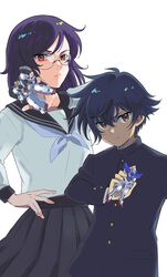  2boys aged_down black_hair brown_eyes crossdressing glasses gundam gundam_00 gundam_exia gundam_virtue gunpla hair_between_eyes holding holding_toy male_focus model_kit multiple_boys open_hand purple_hair red_eyes sakasa_dzuri school_uniform serafuku setsuna_f._seiei tieria_erde toy v-shaped_eyebrows 