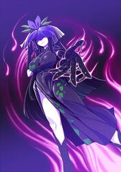  \||/ aura black_dress black_footwear black_gloves black_hair blush boots breasts china_dress chinese_clothes closed_mouth commentary_request covered_navel dress elbow_gloves feet_out_of_frame female flower flower_on_head gloves grape_print highres hitodama large_breasts long_hair looking_at_viewer one_eye_covered print_dress purple_background purple_eyes purple_flower reaching reaching_towards_viewer short_sleeves sidelocks smile solo touhou vine_print yassy yomotsu_hisami 