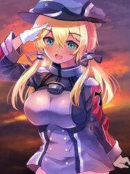  aqua_eyes blonde_hair blush breasts cowboy_shot female gloves grey_hat hair_between_eyes hat highres kantai_collection large_breasts long_hair long_sleeves low_twintails military military_uniform o-sirius open_mouth peaked_cap prinz_eugen_(kancolle) smile solo twintails uniform white_gloves 