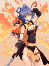  black_gloves black_hair blunt_bangs braid breasts chili_pepper chinese_clothes cleavage commentary_request dual_wielding female fire genshin_impact gloves guoba_(genshin_impact) hair_ornament hairclip highres holding holding_ladle holding_staff ladle long_hair looking_at_viewer orange_eyes oro_(lsg0624) red_panda sidelocks simple_background staff twin_braids v-shaped_eyebrows vision_(genshin_impact) xiangling_(genshin_impact) 