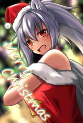  :d bare_shoulders blurry blurry_background blush christmas commentary_request depth_of_field dress female fur-trimmed_dress fur-trimmed_headwear fur_trim grey_hair hair_between_eyes hat long_hair merry_christmas off-shoulder_dress off_shoulder open_mouth original ponytail red_dress red_eyes red_hat sack santa_costume santa_hat shachoo. smile solo upper_body wolf_girl 