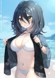  beach bikini black_hair black_nails blue_sky blush bracelet breasts cleavage commentary_request cowboy_shot day female floral_print green_eyes highres jewelry large_breasts long_bangs looking_at_viewer medium_hair nanahi_tsubaki navel original outdoors parted_lips see-through sky solo stomach swimsuit swimsuit_cover-up underboob wet white_bikini wide_sleeves 