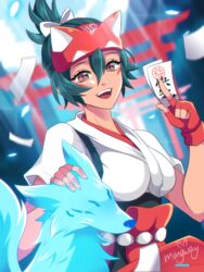  artist_name blue_fur blue_sky blurry blurry_background bow breasts brown_eyes facial_mark female fingerless_gloves fox fox_mask gloves green_hair hair_between_eyes hairbow half_mask high_ponytail highres holding holding_paper index_finger_raised japanese_clothes kimono kiriko_(overwatch) light_rays looking_at_viewer mask mask_on_head medium_breasts miko mingway multiple_torii ofuda open_mouth outdoors overwatch overwatch_2 paper petting red_gloves short_ponytail short_sleeves signature sky smile solo sunlight teeth torii upper_body upper_teeth_only white_bow white_kimono 