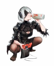  2b_(nier:automata) 2b_(nier:automata)_(cosplay) absurdres adidas alcohol black_thighhighs blindfold bottle breasts cleavage cleavage_cutout clothing_cutout controller cosplay covered_eyes drinking feather-trimmed_sleeves female full_body game_controller gopnik headphones highres holding holding_bottle holding_controller holding_game_controller hyde_(tabakko) kson kson_(person) medium_breasts nier:automata nier_(series) no_shoes playstation_controller real_life short_hair signature simple_background slav_squatting solo squatting thighhighs triple_vertical_stripe vodka white_background white_hair 