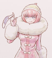  :q ando_ruruka blush_stickers bow breasts commentary_request danganronpa_(series) danganronpa_3_(anime) female fur-trimmed_jacket fur_trim grey_background grey_eyes hat holding holding_mask jacket large_breasts long_sleeves looking_at_viewer mask mouth_mask namu_(nurui_cha) pink_hair pink_jacket short_hair simple_background smile solo tongue tongue_out unworn_mask upper_body white_bow 