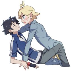  2boys ahoge black_gloves black_hair blonde_hair blue_eyes blue_jacket blush brown_eyes clemont_(pokemon) commentary_request fingerless_gloves from_side glasses gloves highres jacket jumpsuit leaning looking_at_another male_focus multiple_boys open_mouth parted_lips pokemon pokemon_(anime) pokemon_xy_(anime) satoshi_(pokemon) shirt short_hair sweat tuze111 white_background 