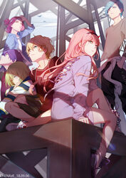  2girls 4boys absurdres arm_up black_hairband black_pants blonde_hair blue_eyes blue_hair boots brown_shirt chenaze57 closed_mouth clothing_cutout commentary cross-laced_clothes cross-laced_cutout darling_in_the_franxx day english_commentary from_below from_side full_body green_eyes grey_shorts hair_between_eyes hair_over_one_eye hairband hand_in_pocket highres horns light long_hair long_sleeves looking_away looking_down looking_up medium_hair multiple_boys multiple_girls nine_alpha nine_beta nine_delta nine_epsilon nine_gamma oni_horns outdoors pants photoshop_(medium) pink_hair purple_hair red_horns red_shirt shadow shirt shoelaces shoes short_hair shorts sitting sneakers standing striped_clothes striped_shirt white_footwear zero_two_(darling_in_the_franxx) 