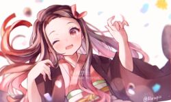  :d blush brown_hair brown_jacket checkered_sash dated female fingernails gradient_hair hair_ribbon haori jacket japanese_clothes kamado_nezuko kimetsu_no_yaiba kimono long_hair long_sleeves looking_at_viewer lying multicolored_hair obi on_back on_floor one_eye_closed open_mouth pink_eyes pink_kimono pink_nails pink_ribbon ribbon sash sharp_fingernails simple_background smile solo twitter_username very_long_hair wata_ramune watermark white_background wide_sleeves 